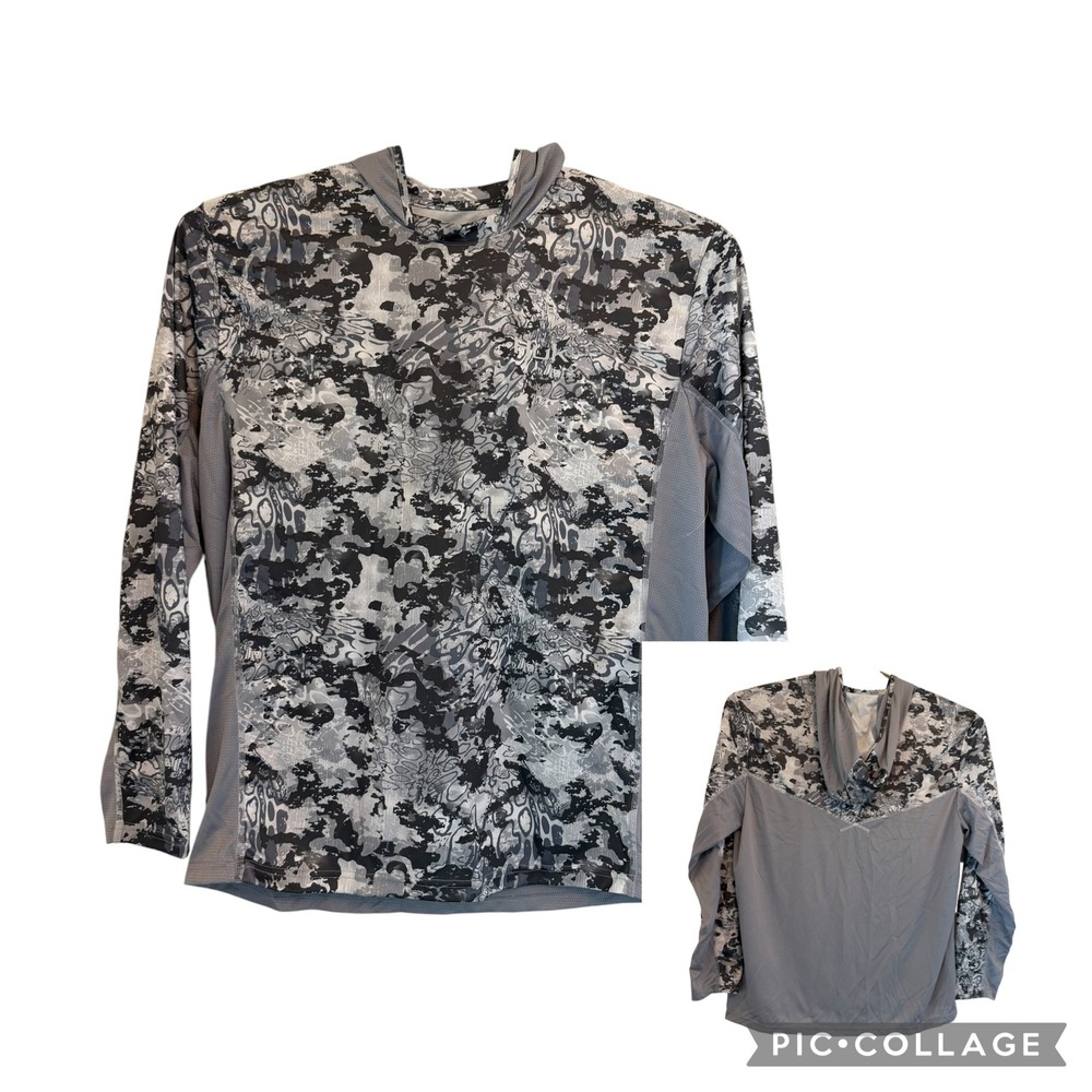 Huk Sun Shirt Mens XL Performance Fishing Hoodie Grey Camo Long Sleeve Mesh